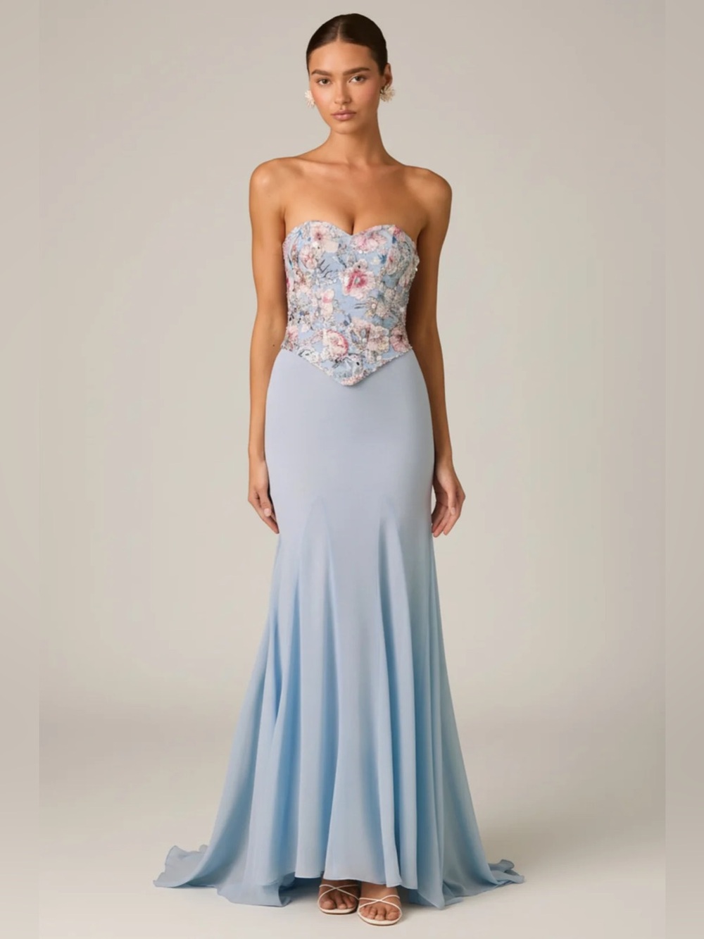 NWT Oh Polly Lysana Embellished Corset Fishtail Gown in Floral Blue